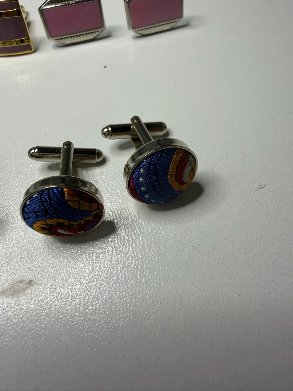 Mixed Enamel and Metal Men's Cufflink Set - Pink, Blue, Gold, Silver